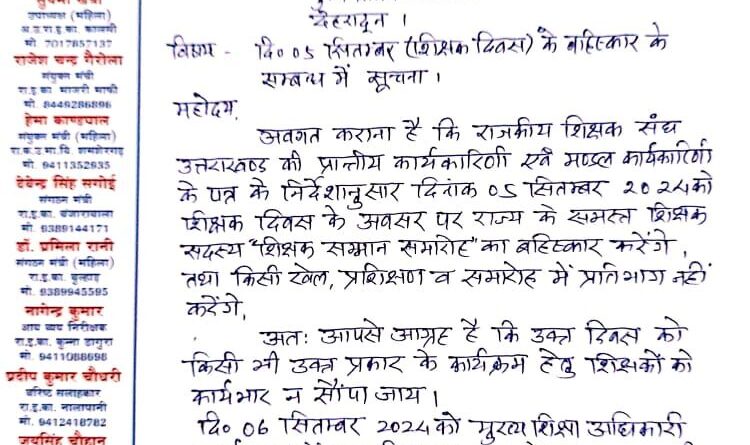 शिक्षक दिवस पर शिक्षक करेंगे विरोध,काली पट्टी बांधकर जताएंगे विरोध,सम्मान समारोह का भी बहिष्कार का ऐलान